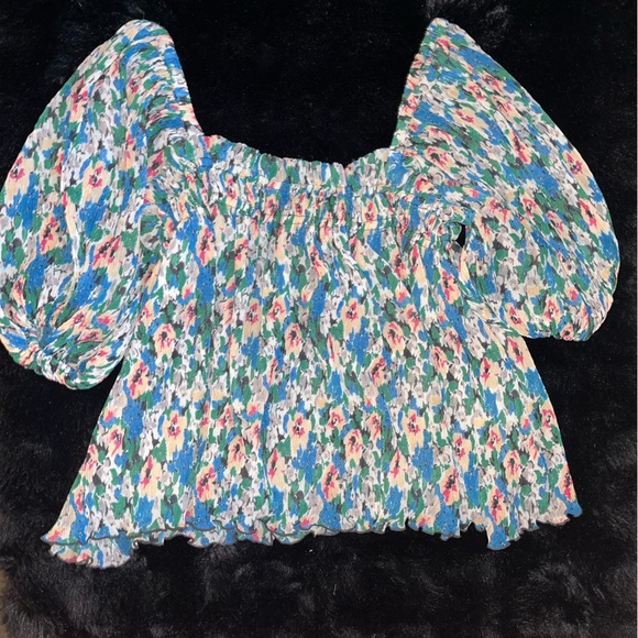 Ganni Floral Voluptuous Print Plisse Puff Blouse EU 44/US 12 - Picture 3 of 8